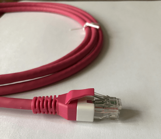 A Cat5e twisted-pair Ethernet cable with a standard RJ45 connector