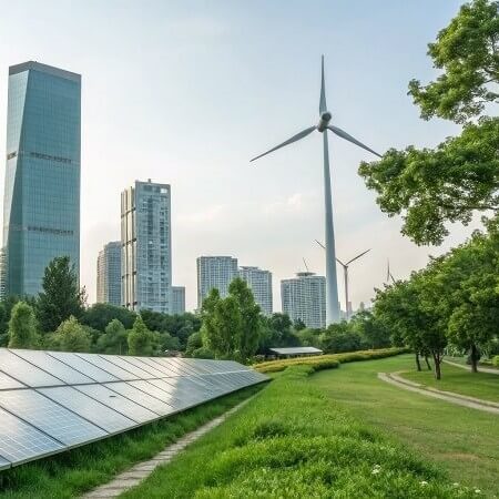 Wind turbine and office buildings