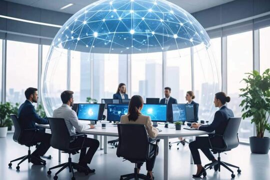 Protective dome over office illustrating DDoS protection for business