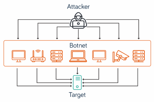 DDoS attack showing a DDoS attacker, the botnet they control and the target