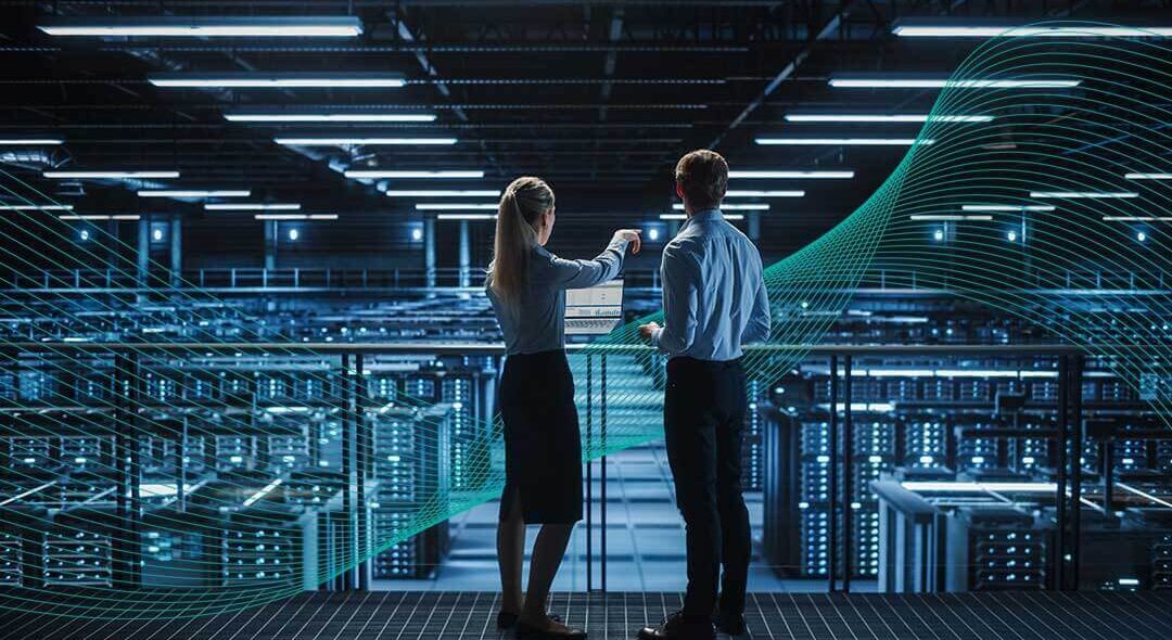 Man and woman in data centre