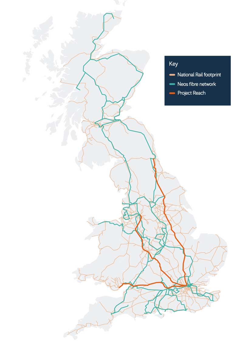 Map showing the three Project Reach routes, Neos fibre network and, National Rail footprint
