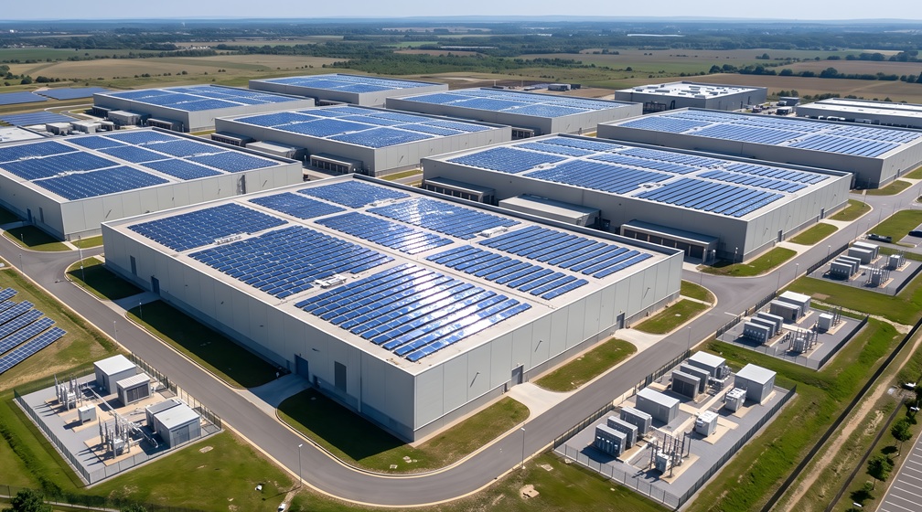 Data centre with topped with solar panels